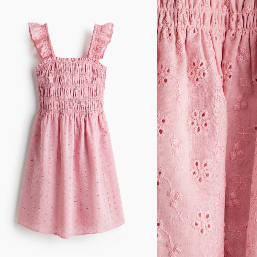 H&M Smocked Dress with Eyelet Embroidery Pink New